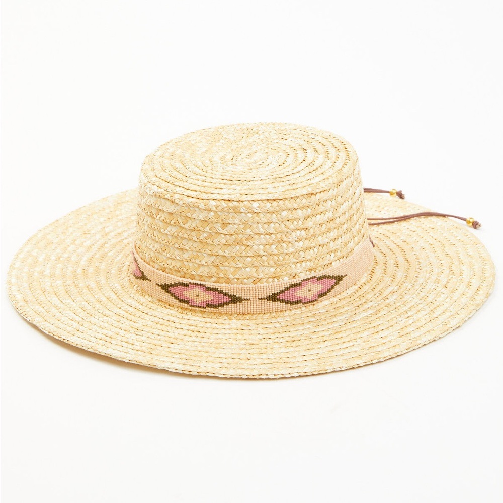 Nikki Beach Western Beaded Band Straw Hat with Pink Patterned Band